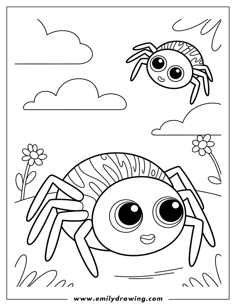 Two friendly spiders near flowers. One spider walks on the ground, while the other floats in the air among clouds.