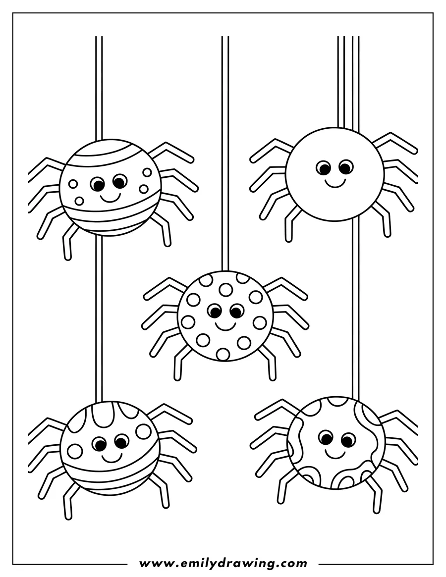 Four simple line art spiders hanging from strings. Each spider has large eyes and a simple smile.