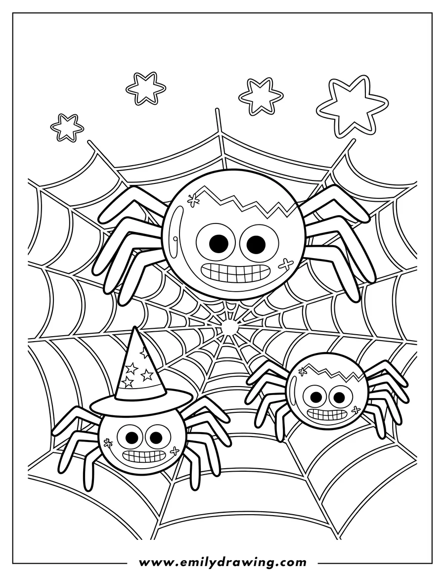 Outline of three simple spiders on a spiderweb. One spider wears a wizard hat.
