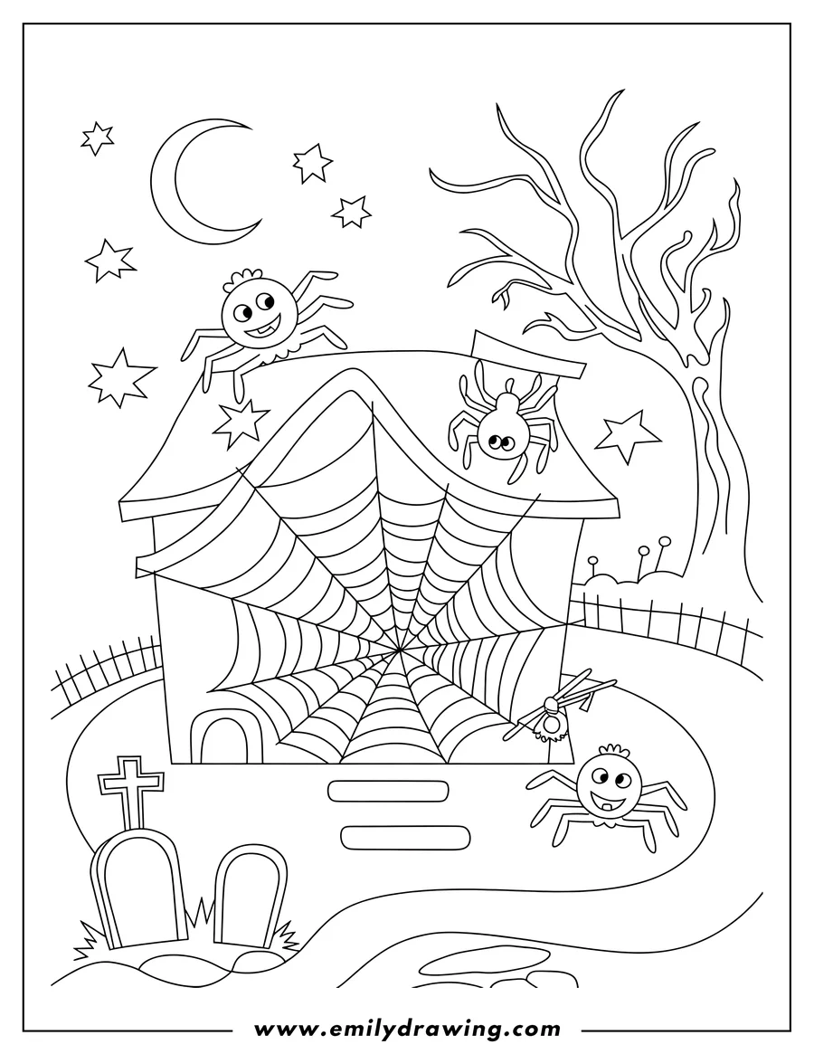 Outline of three spiders near a spooky house with a web, tombstones, a bare tree, and stars and a crescent moon in the background