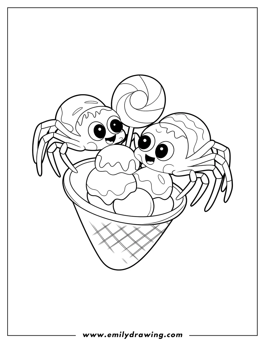 Line art of two spiders enjoying ice cream and a lollipop in a waffle cone.