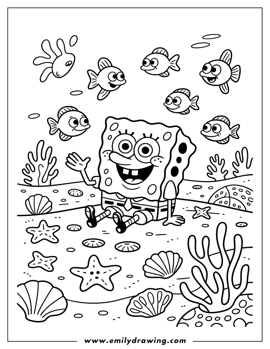 Spongebob Squarepants sits on the ocean floor surrounded by fish, seashells, coral and seaweed. He waves to the fish above him.