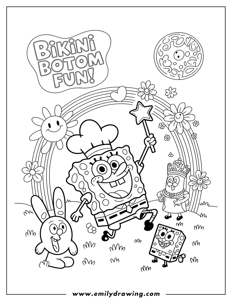 Line art of Spongebob Squarepants, Patrick Star, Squidward Tentacles, and a smiling bunny beneath a rainbow with smiling flowers. Spongebob wears a chef's hat and holds a star wand.
