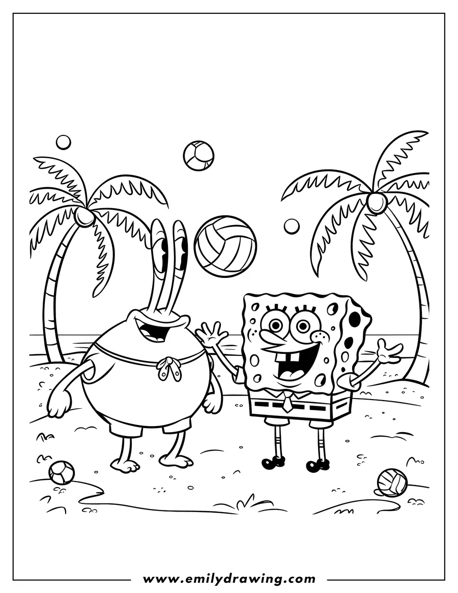 Line art of Spongebob Squarepants and Mr. Krabs playing with balls on a sandy beach with palm trees.