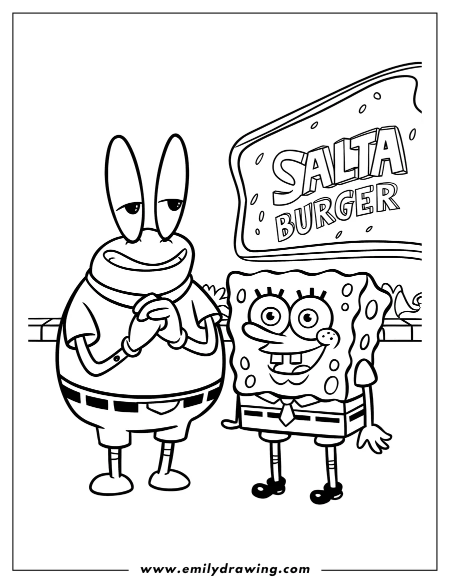 Line art of Spongebob Squarepants and Mr. Krabs standing near the Salta Burger sign. Spongebob looks cheerful while Mr. Krabs appears thoughtful.