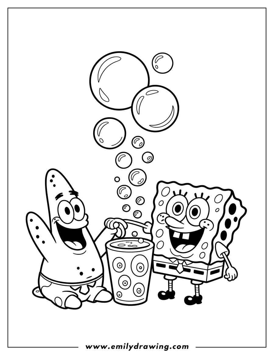 Line art of Spongebob and Patrick blowing bubbles from a container with a wand.