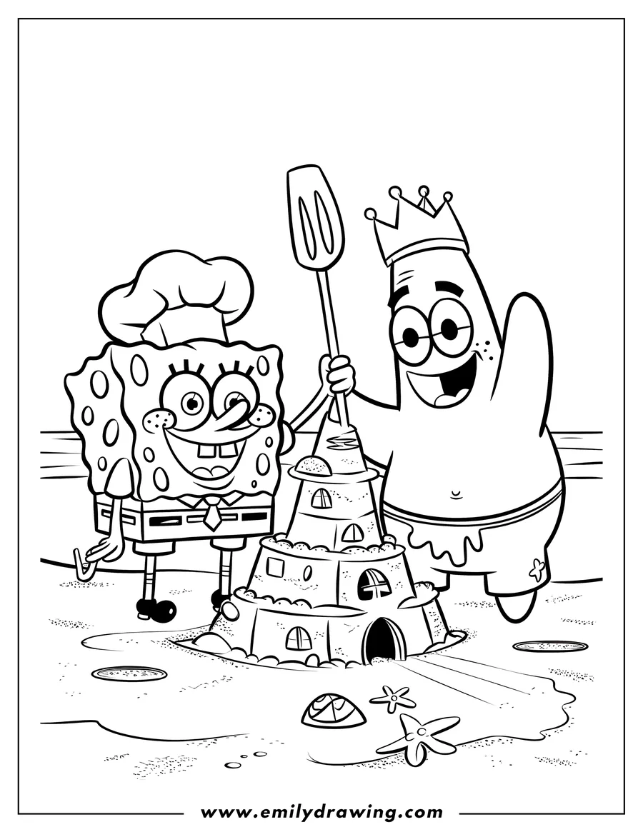 Line art of Spongebob and Patrick building a sandcastle on the beach. Spongebob wears a chef's hat and Patrick wears a crown. Shells and starfish decorate the scene.