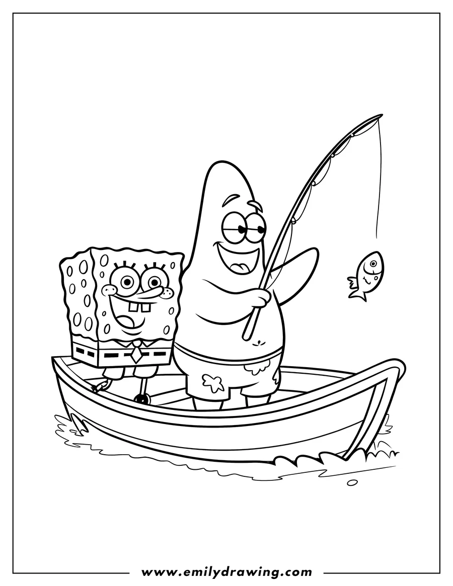 Line art of Spongebob Squarepants and Patrick Star fishing from a small boat. Patrick holds a fishing rod with a small fish caught on the line.