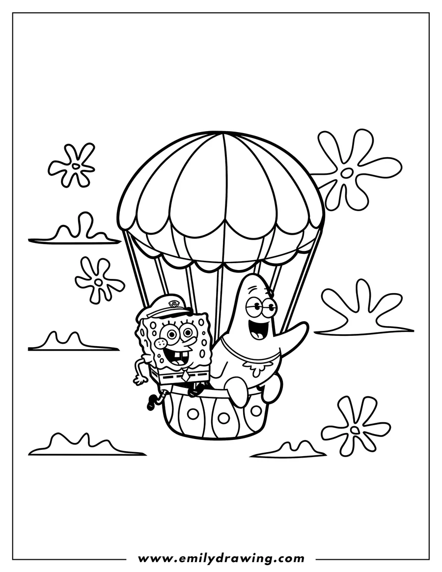 Line art of Spongebob Squarepants and Patrick Star riding in a hot air balloon, surrounded by stylized clouds and flower shapes.
