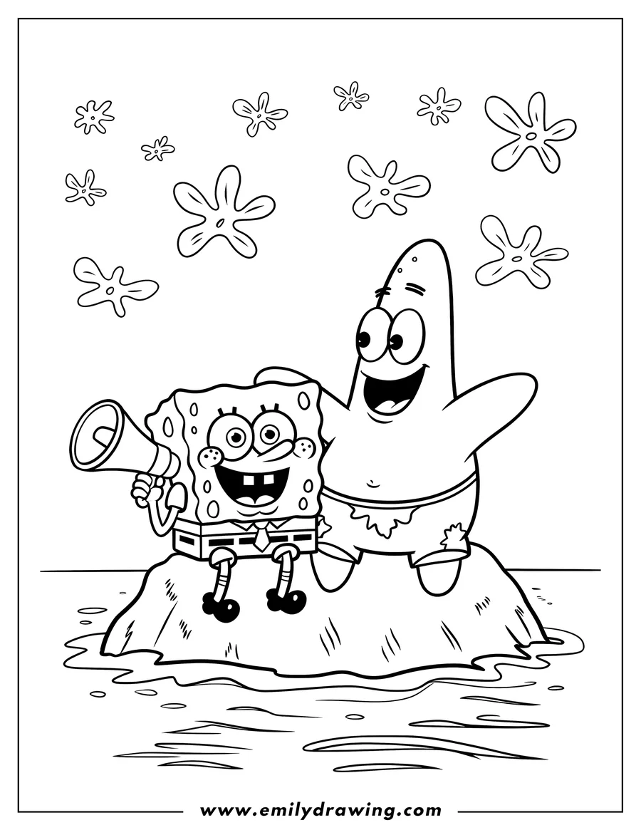 Line art of Spongebob Squarepants holding a megaphone and Patrick Star standing on a small rock in the ocean with stylized flower shapes in the background.