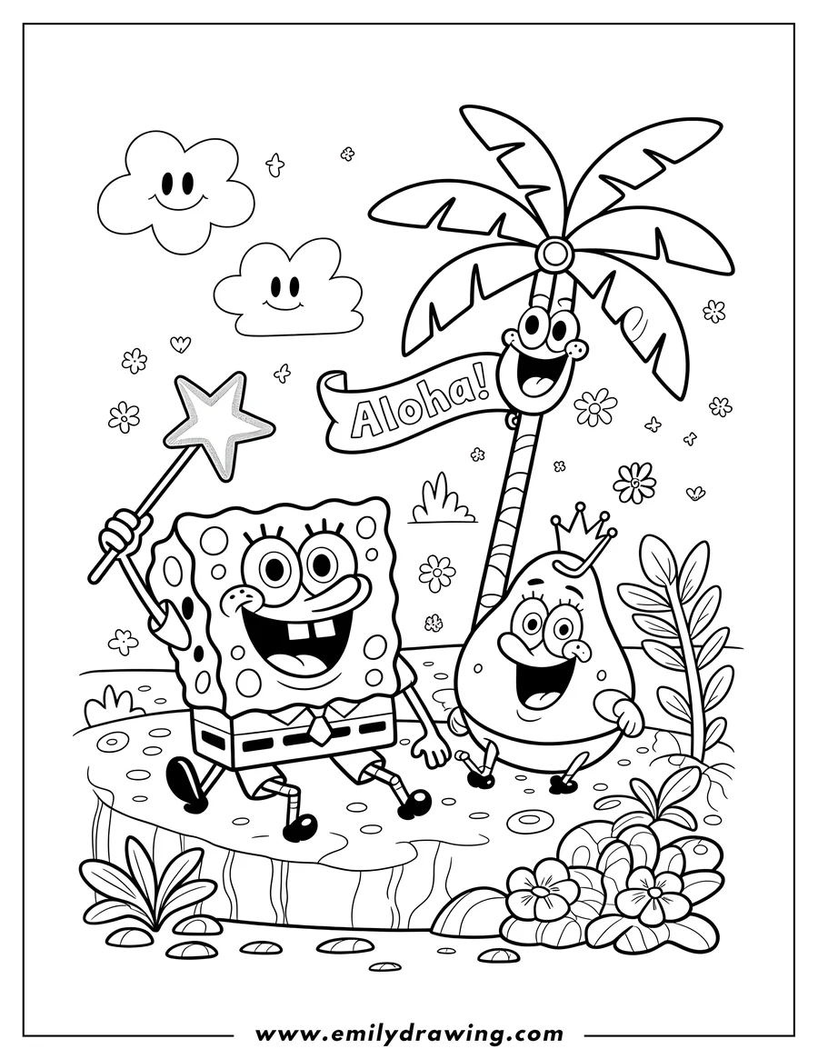 Line art of Spongebob Squarepants and Patrick Star under a palm tree with Gary the Snail peeking out. Spongebob holds a star wand, Patrick wears a crown, and flowers surround them in this tropical underwater scene.