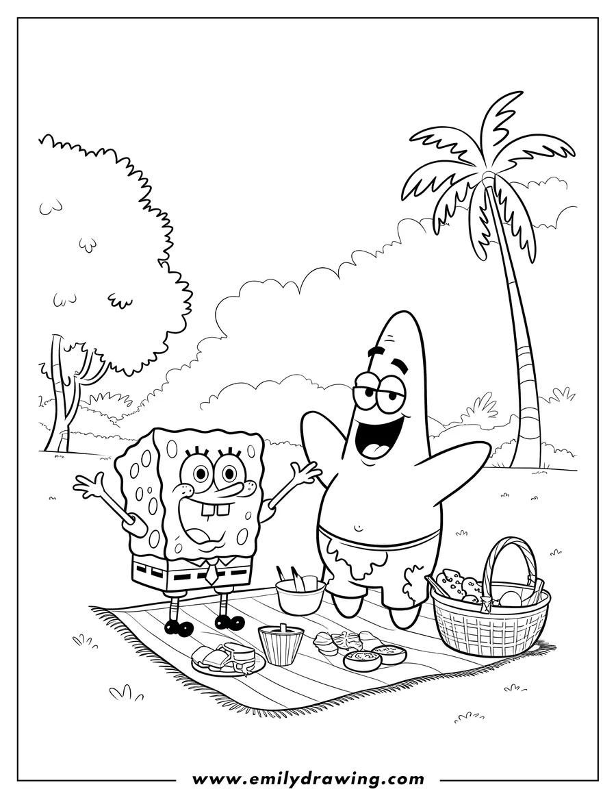 Line art of Spongebob Squarepants and Patrick Star having a picnic on a blanket with a basket of food and a palm tree in the background.