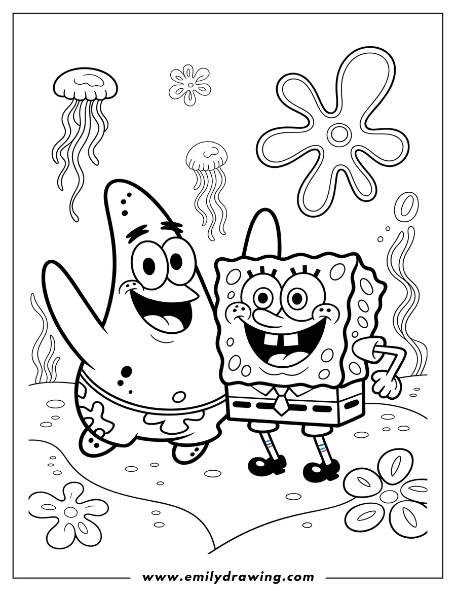 Line art of Spongebob Squarepants and Patrick Star underwater, surrounded by jellyfish and flowers.