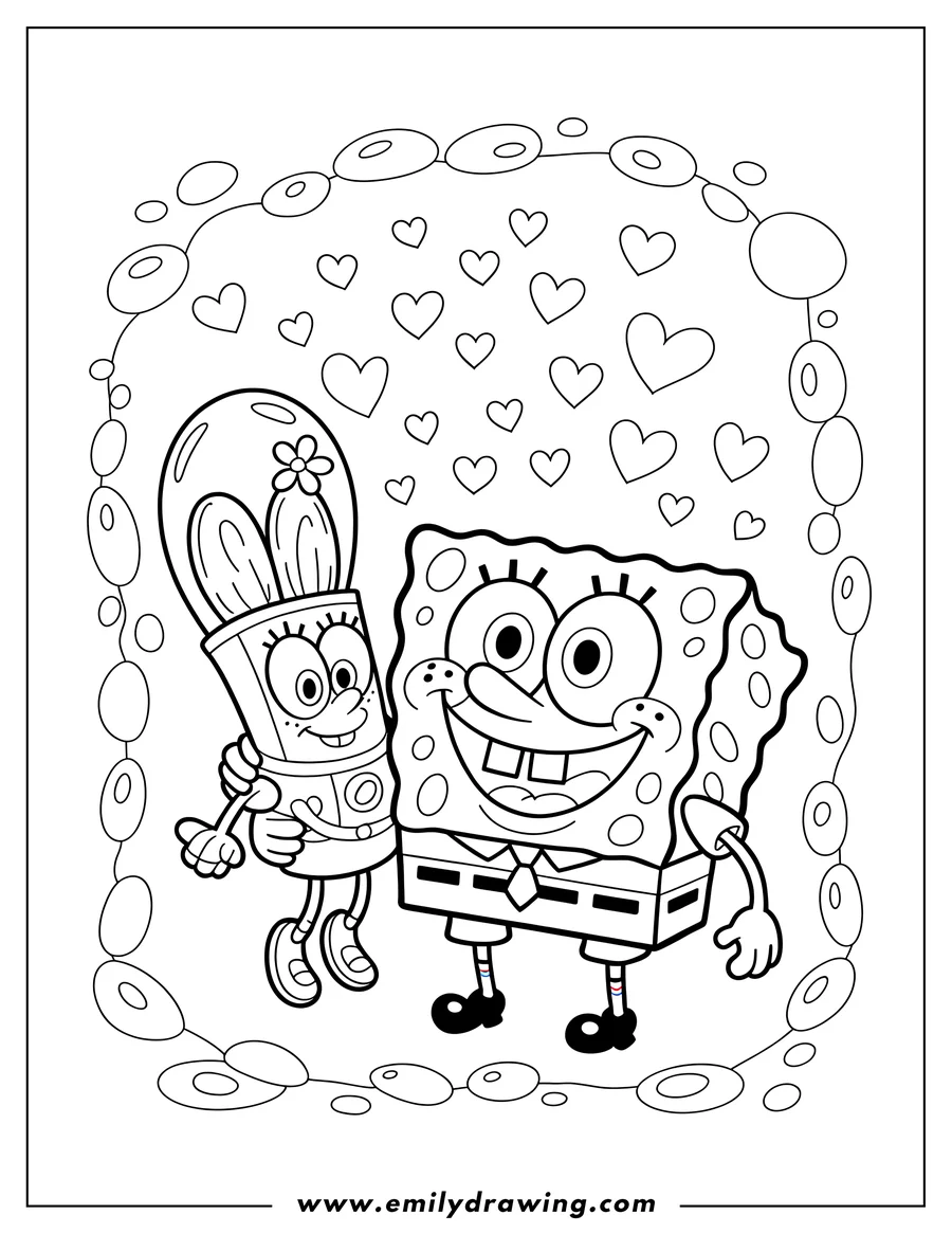 Spongebob Squarepants stands next to a potted cactus with a flower, surrounded by hearts.