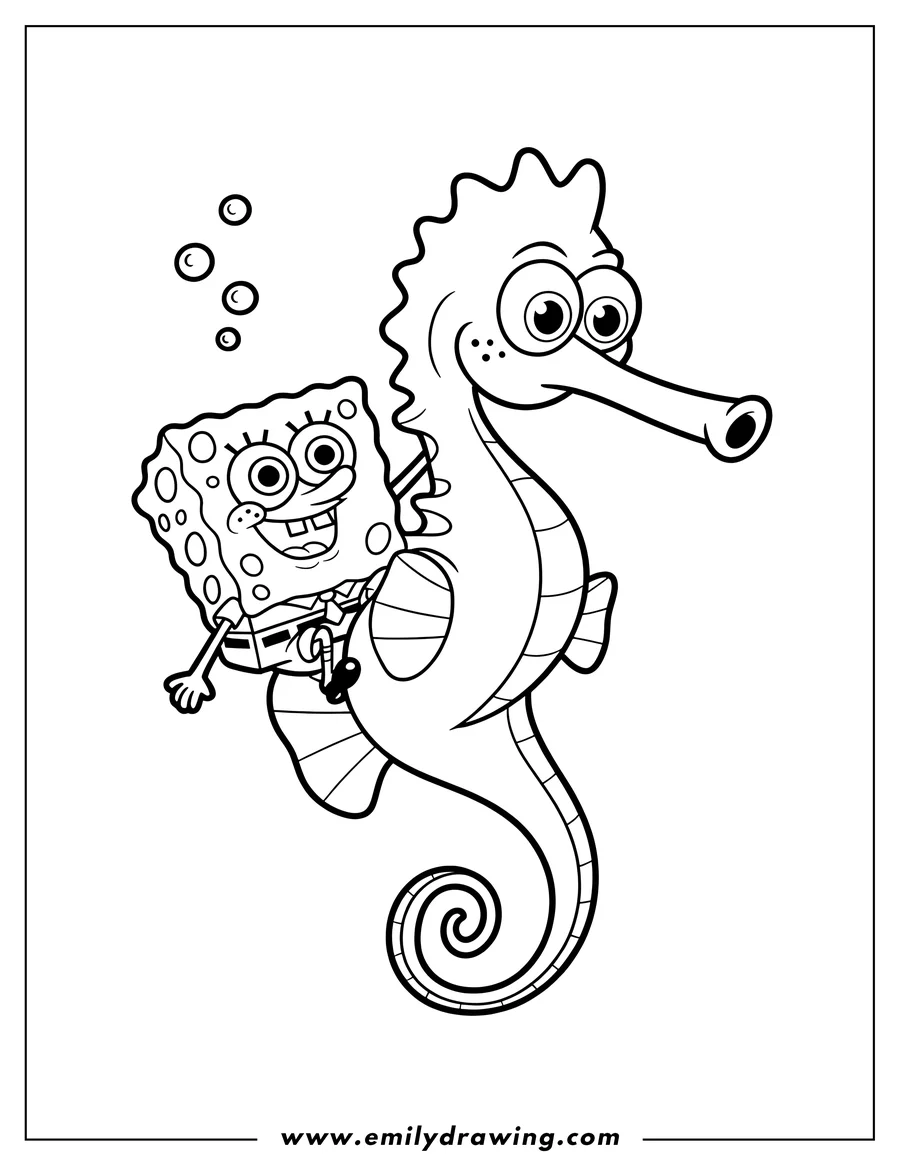 Line art of SpongeBob SquarePants riding a seahorse underwater with bubbles floating nearby.