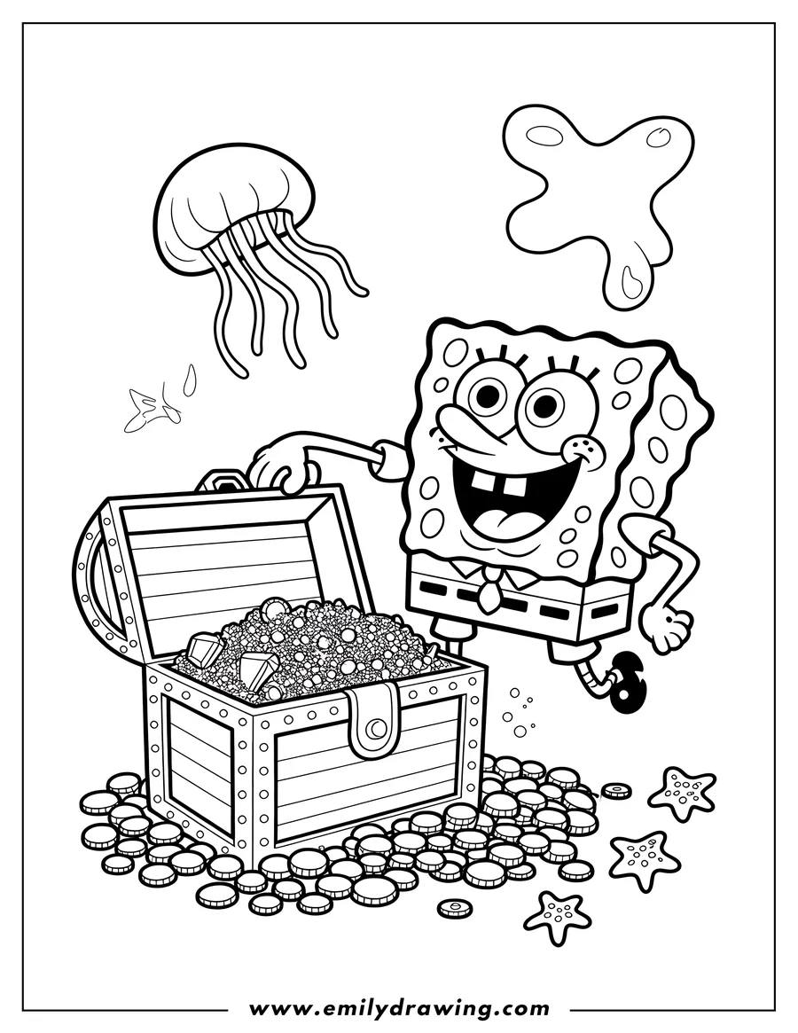 Spongebob Squarepants opening a treasure chest filled with coins and gems. A jellyfish and starfish are nearby.
