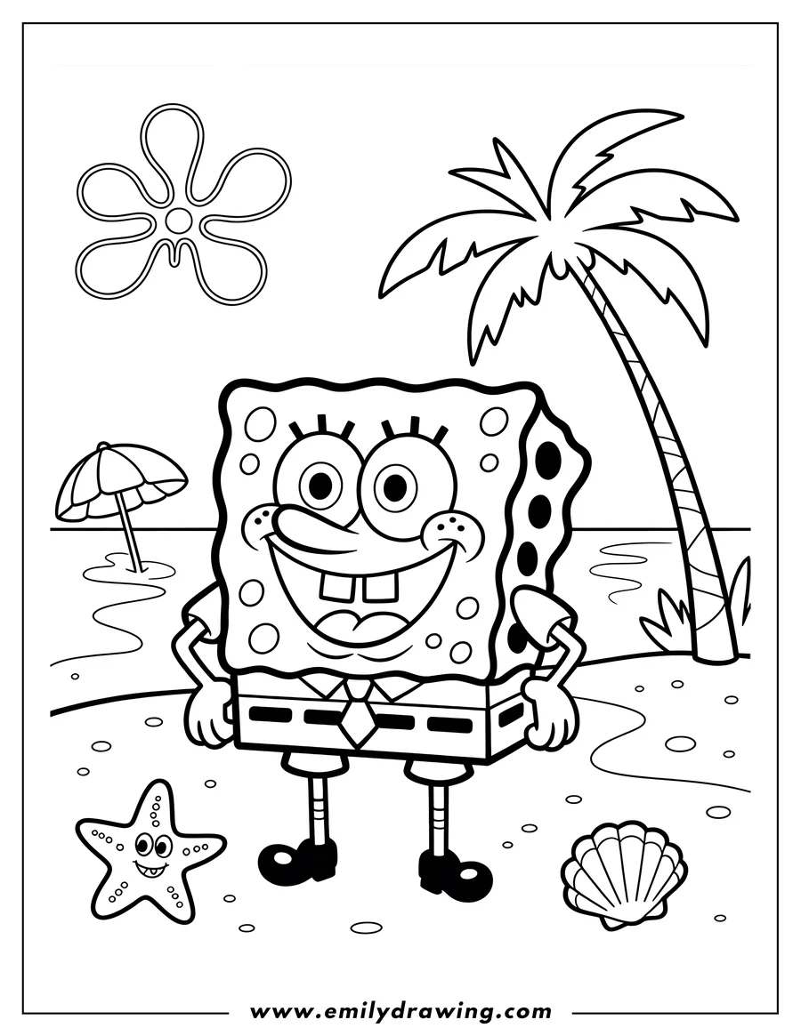 Line art of Spongebob Squarepants on the beach with a palm tree, beach umbrella, starfish, and seashell.