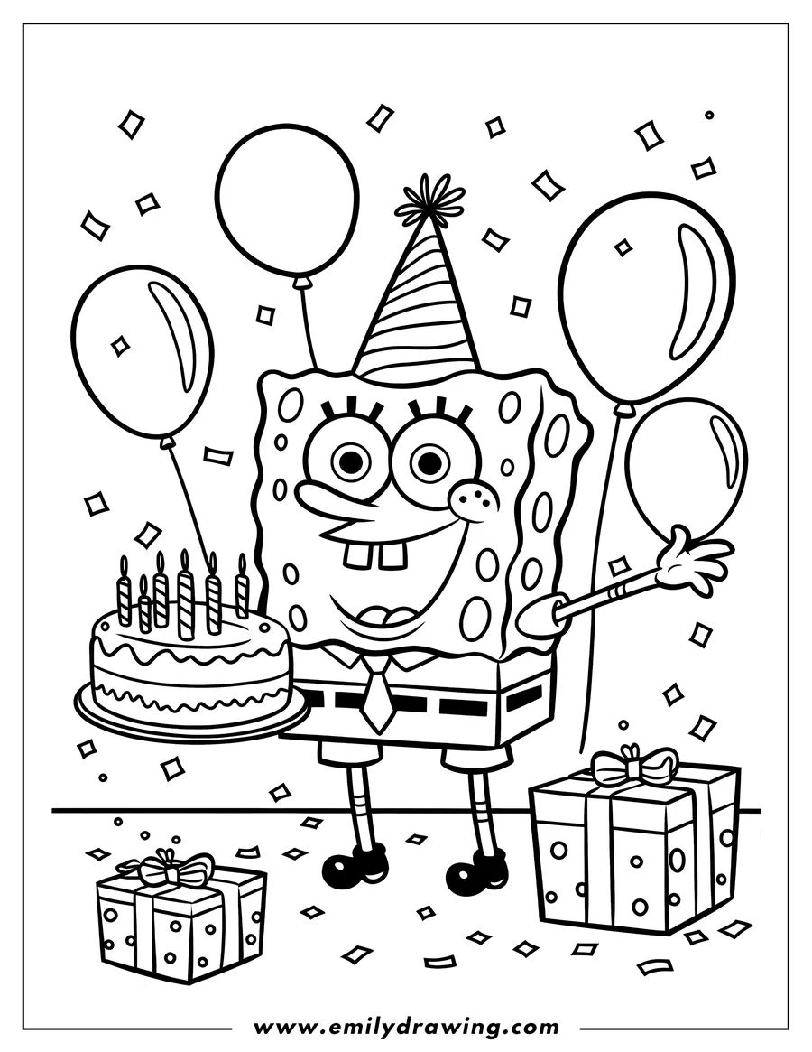Line art of Spongebob Squarepants at a birthday party, holding a cake and balloons with presents nearby.