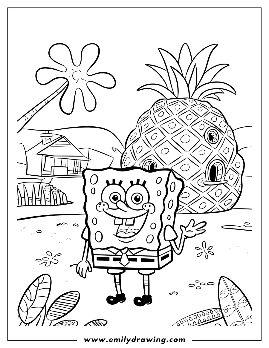 Line art of Spongebob Squarepants waving, standing near his pineapple house and Squidward's house in Bikini Bottom.