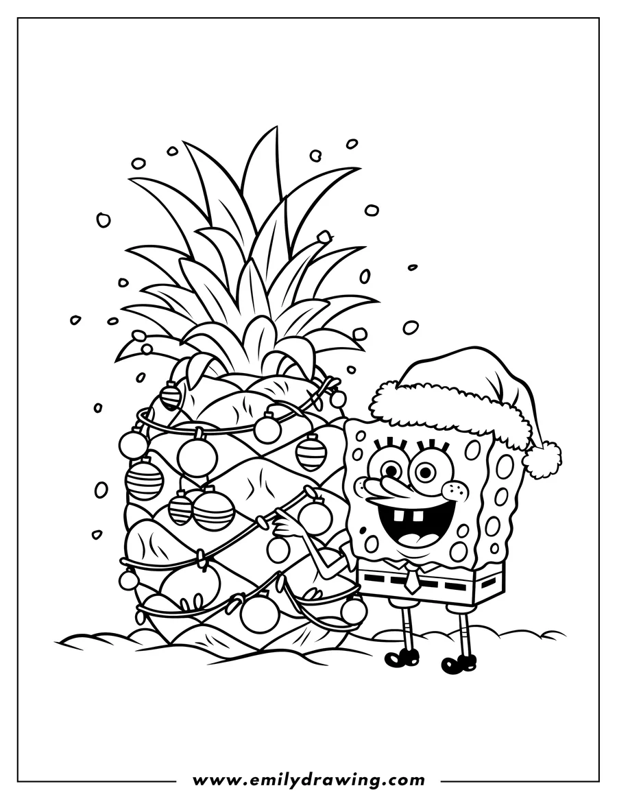 Line art of Spongebob Squarepants wearing a Santa hat, decorating a pineapple with Christmas lights. It appears to be snowing.