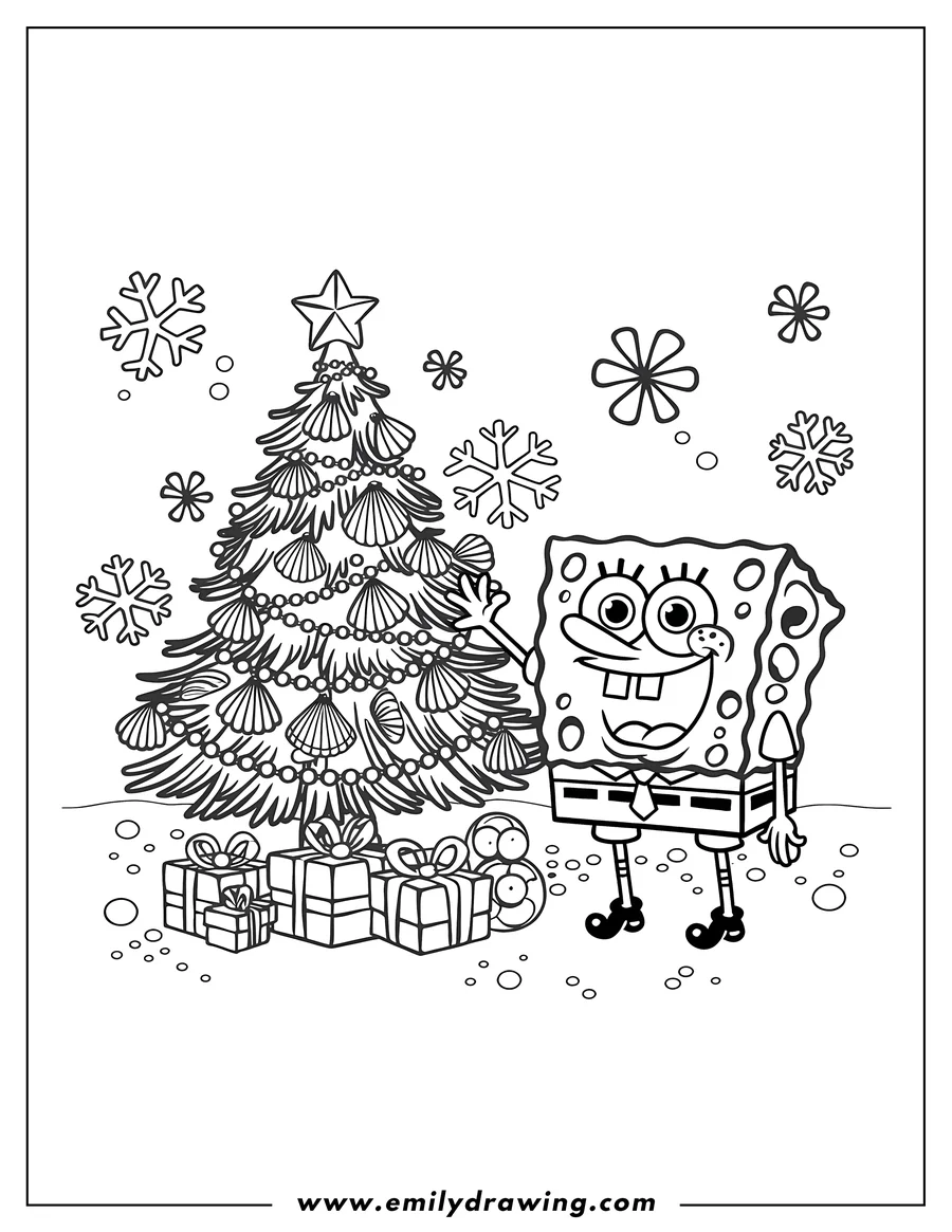 Line art of Spongebob Squarepants standing next to a decorated Christmas tree with presents underneath. Snowflakes float in the background.