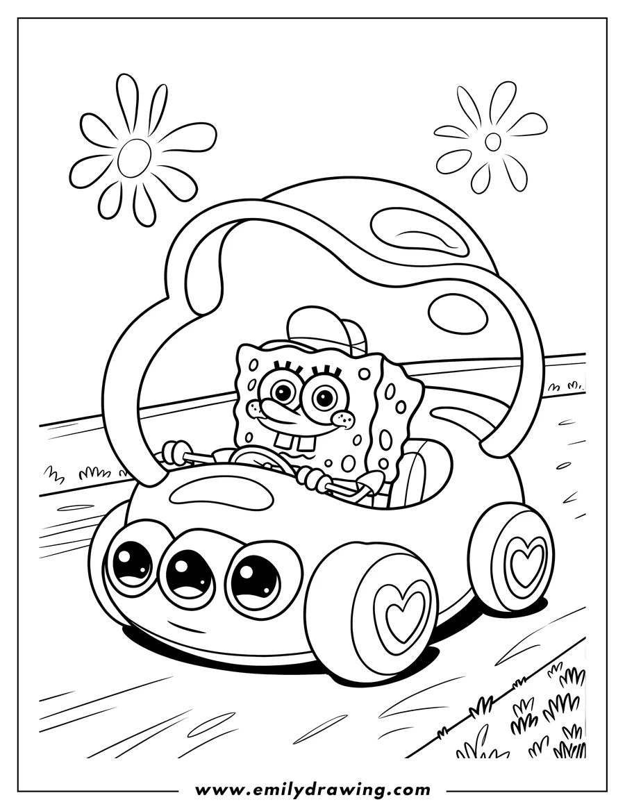 Spongebob Squarepants driving the Boatmobile with heart-shaped wheels and large, expressive eyes on the front.