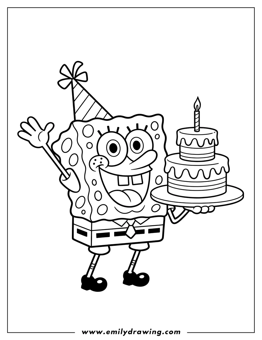 Line art of Spongebob Squarepants wearing a party hat and holding a birthday cake with a lit candle.