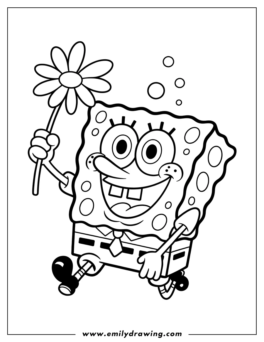 Line art of Spongebob Squarepants holding a flower and smiling. He is wearing his usual outfit with a tie and carrying a small bag.