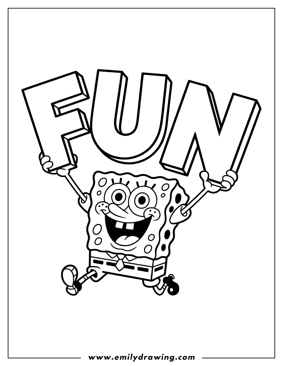 Line art of Spongebob Squarepants holding up a large FUN sign, smiling cheerfully.