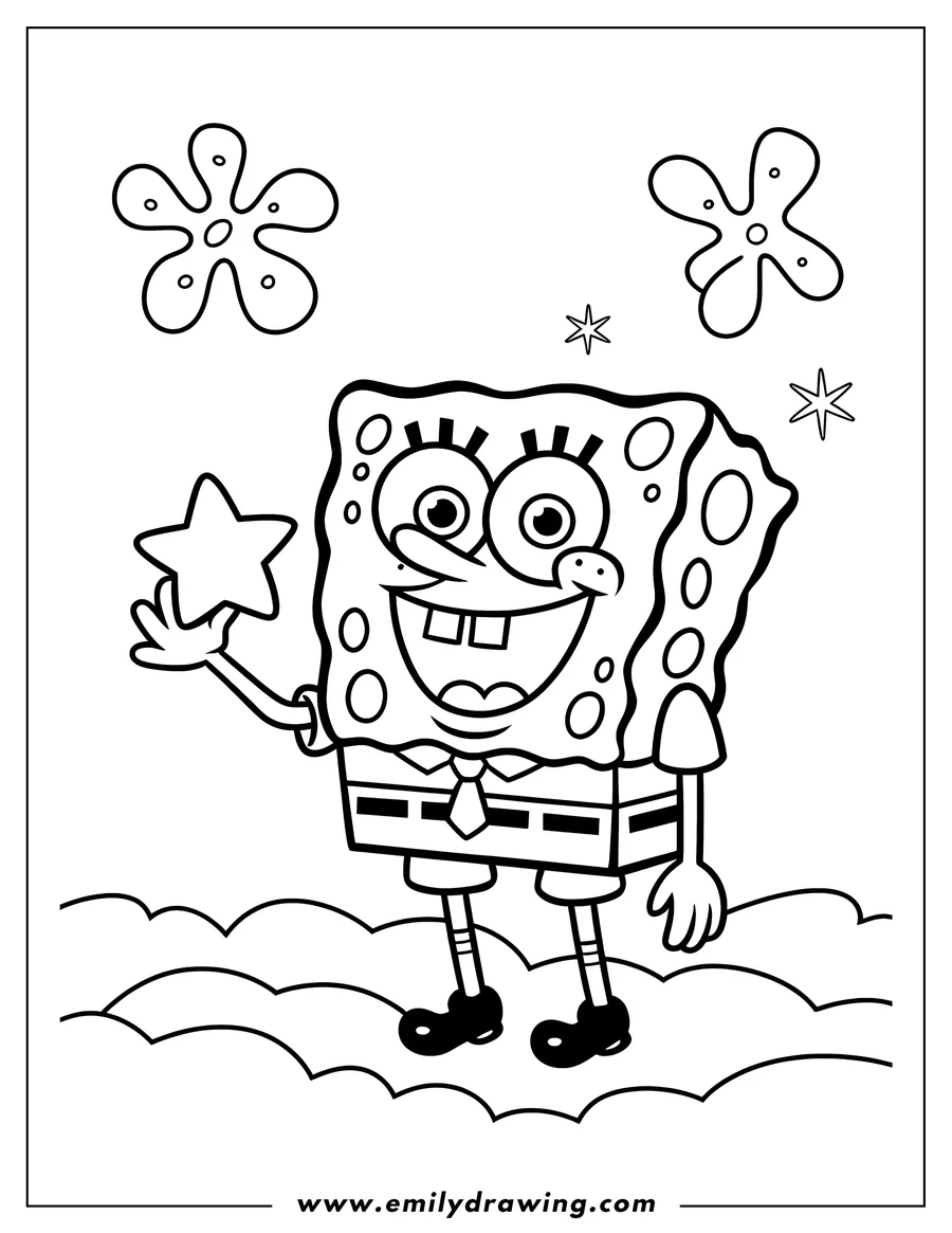 Spongebob Squarepants holding a star, with background details of stylized flowers and smaller stars.