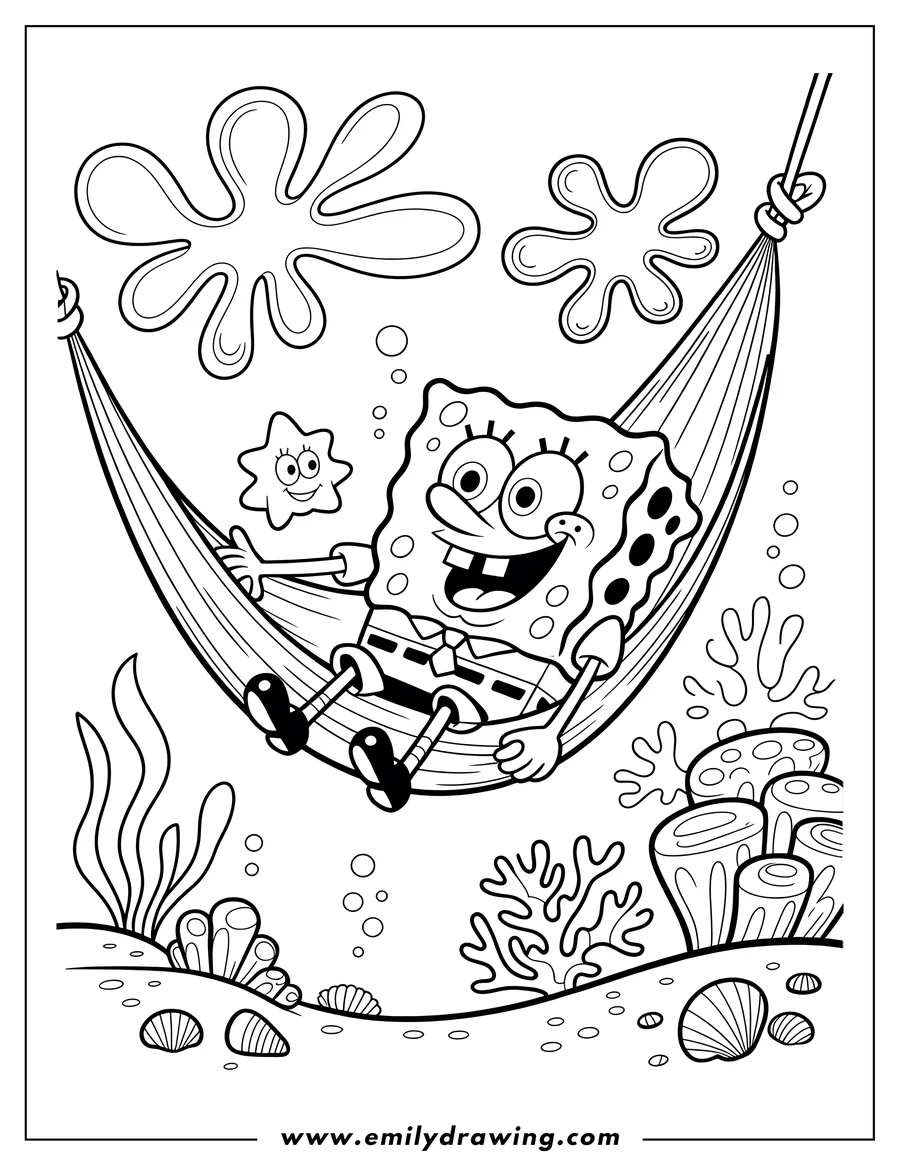 Line art of Spongebob relaxing in a hammock underwater. A starfish floats nearby, and coral and shells decorate the ocean floor.