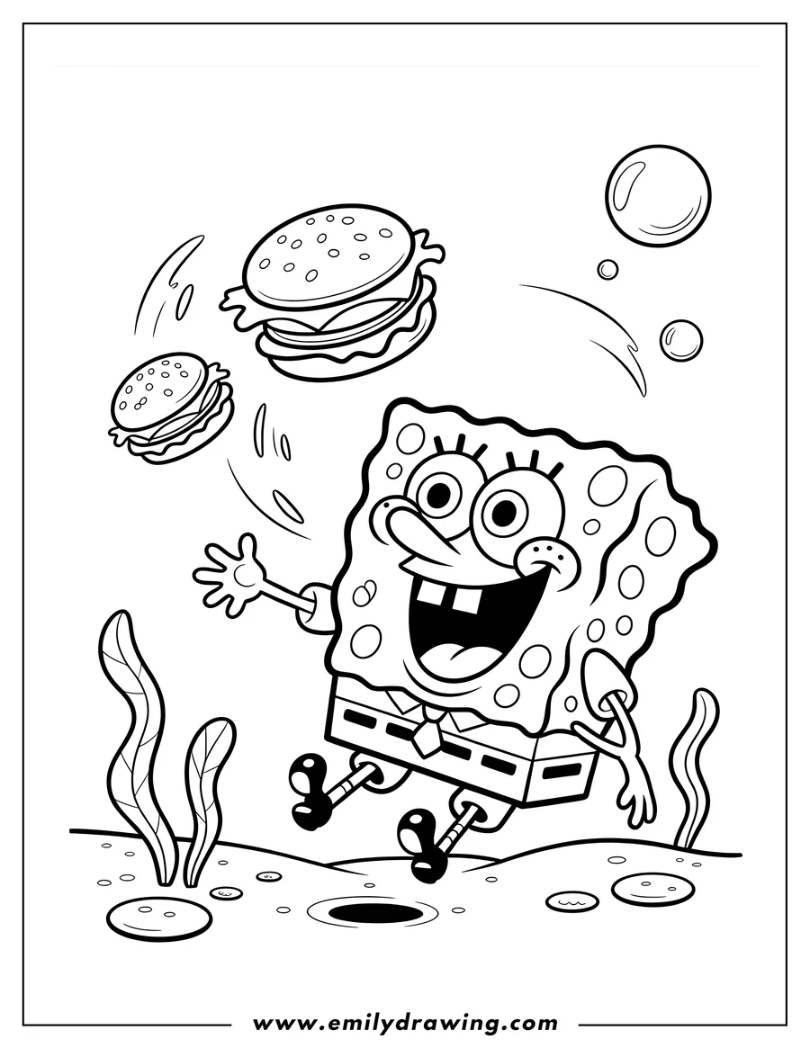 Spongebob Squarepants juggling two Krabby Patty burgers underwater.