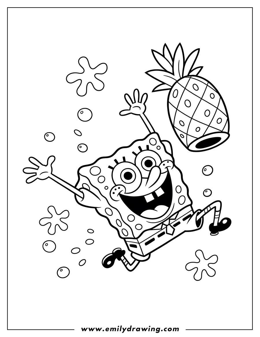 Line art of Spongebob Squarepants swimming near a pineapple, surrounded by bubbles.