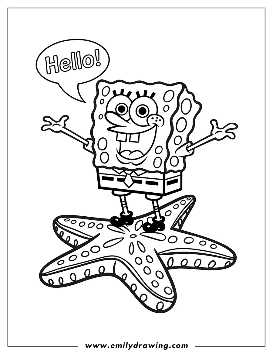 Line art of Spongebob Squarepants standing on a starfish and saying hello.