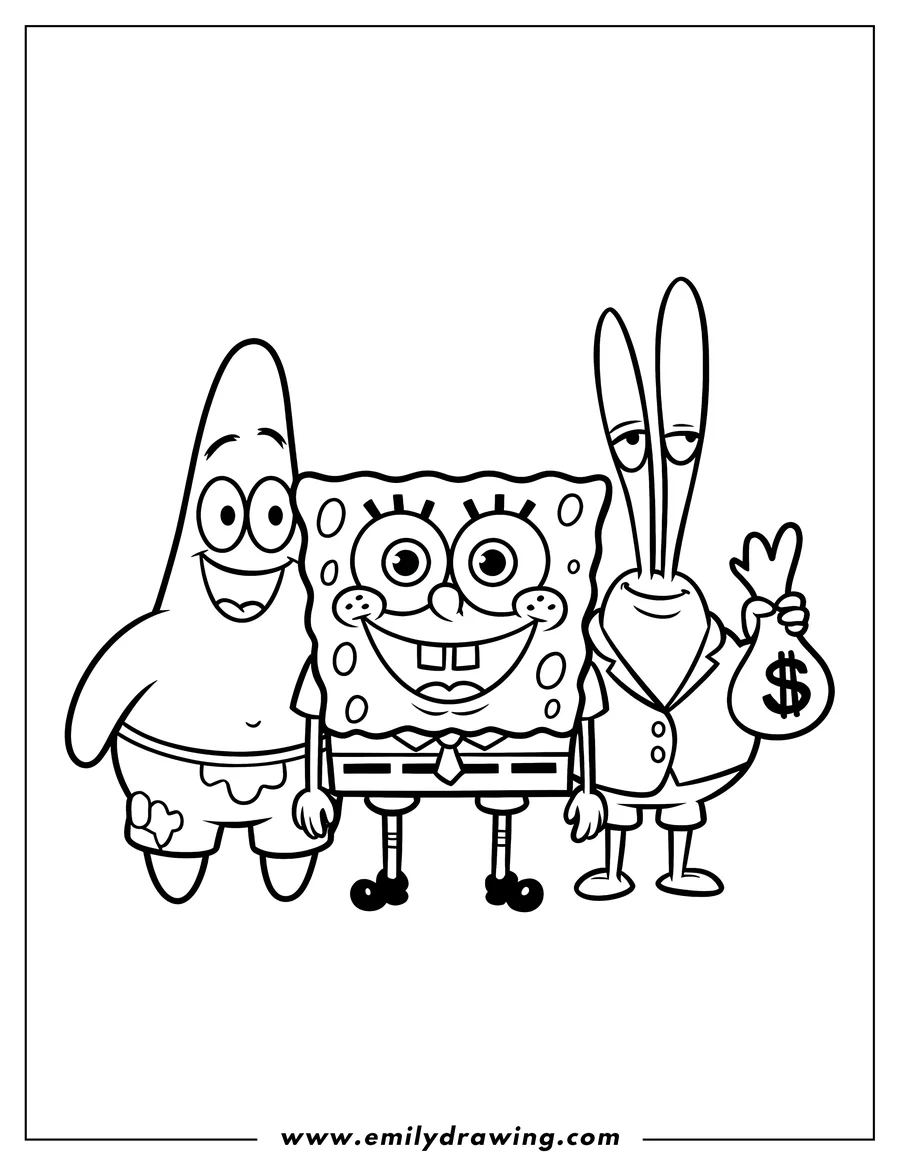 Outline of Spongebob Squarepants, Patrick Star, and Mr. Krabs standing side by side. Spongebob wears a tie, Patrick has a joyful expression, and Mr. Krabs holds a bag of money.