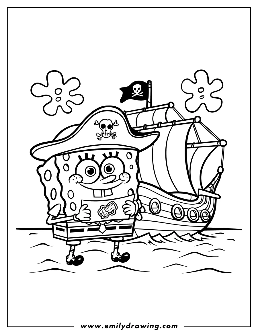 Line art of Spongebob Squarepants dressed as a pirate, standing near a pirate ship on the water.