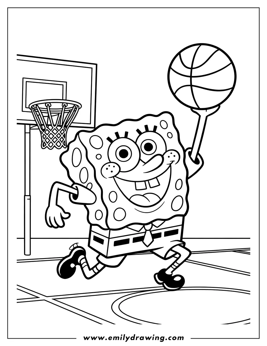 Line art of Spongebob Squarepants dribbling a basketball on a court. A basketball hoop is visible in the background.