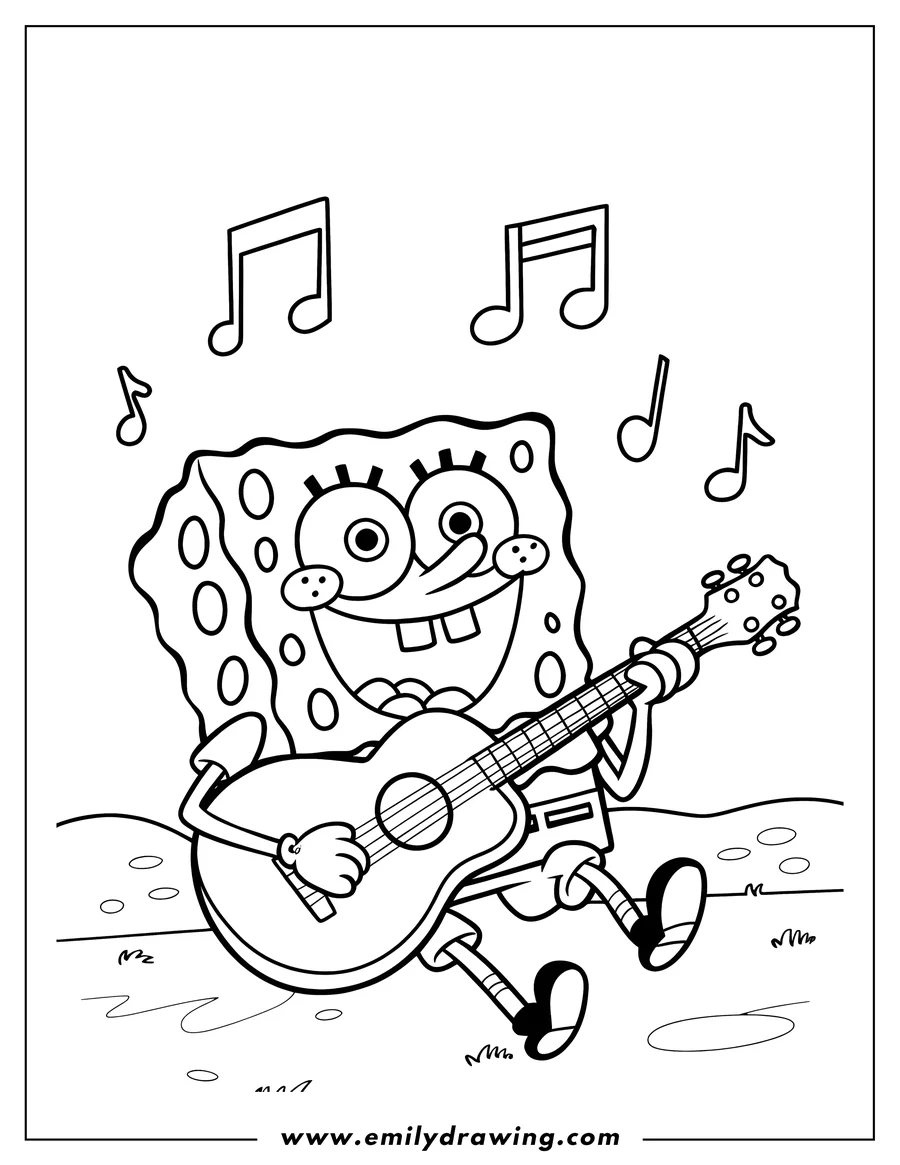 Spongebob Squarepants happily playing an acoustic guitar with musical notes floating around him.