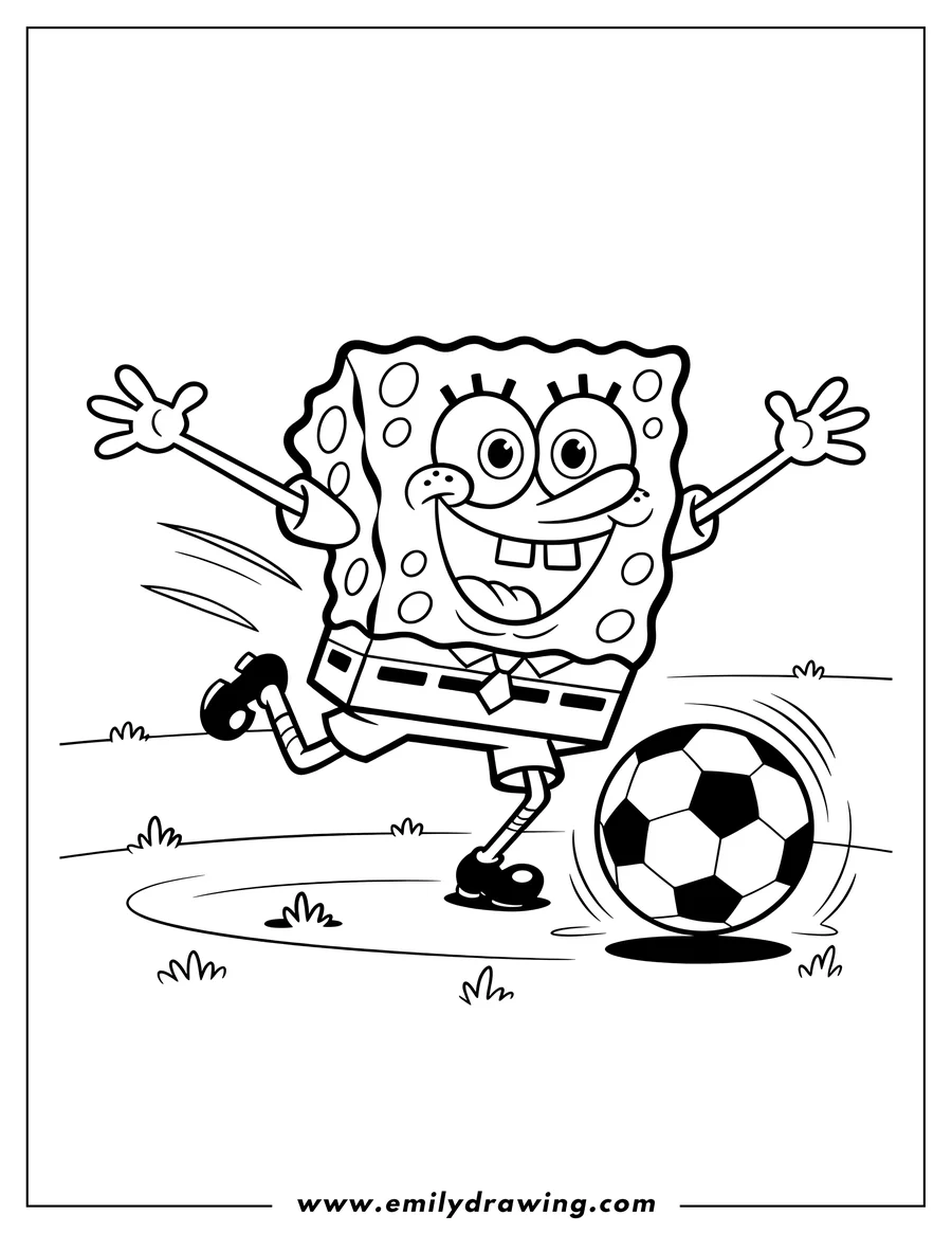 Line art of Spongebob Squarepants playing soccer. He is kicking a soccer ball and his arms are outstretched.