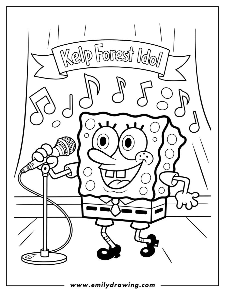 Line art of Spongebob Squarepants singing into a microphone on stage, with musical notes floating around him.