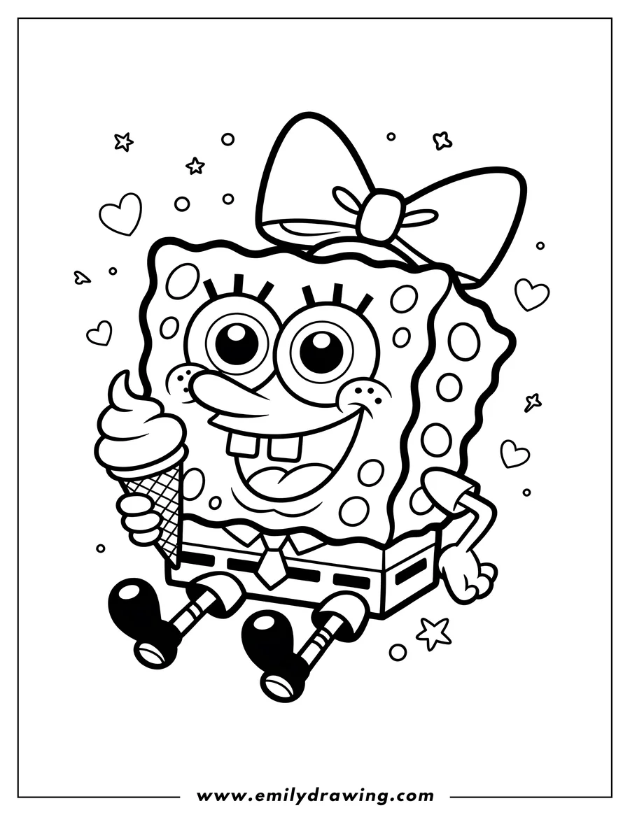 Spongebob Squarepants sitting crisscross applesauce with a bow on his head and holding an ice cream cone.