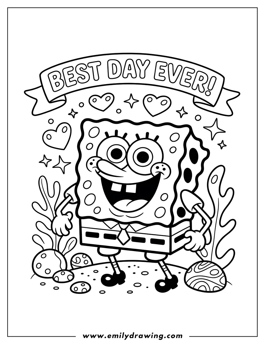 Line art of Spongebob Squarepants, smiling and ready for coloring. He stands against a background with hearts, stars, and seaweed.
