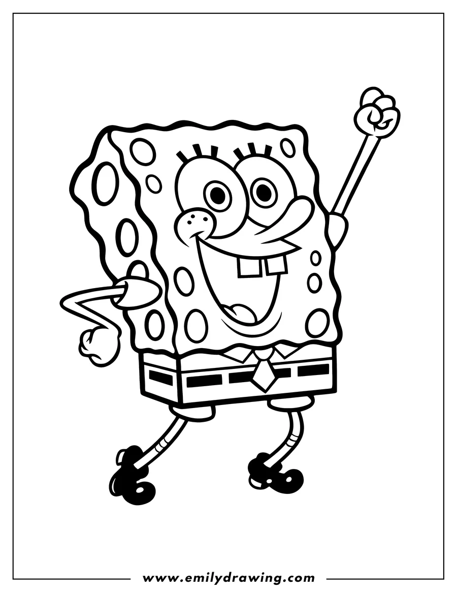 Line art of Spongebob Squarepants from the popular cartoon, shown cheering with one arm raised.