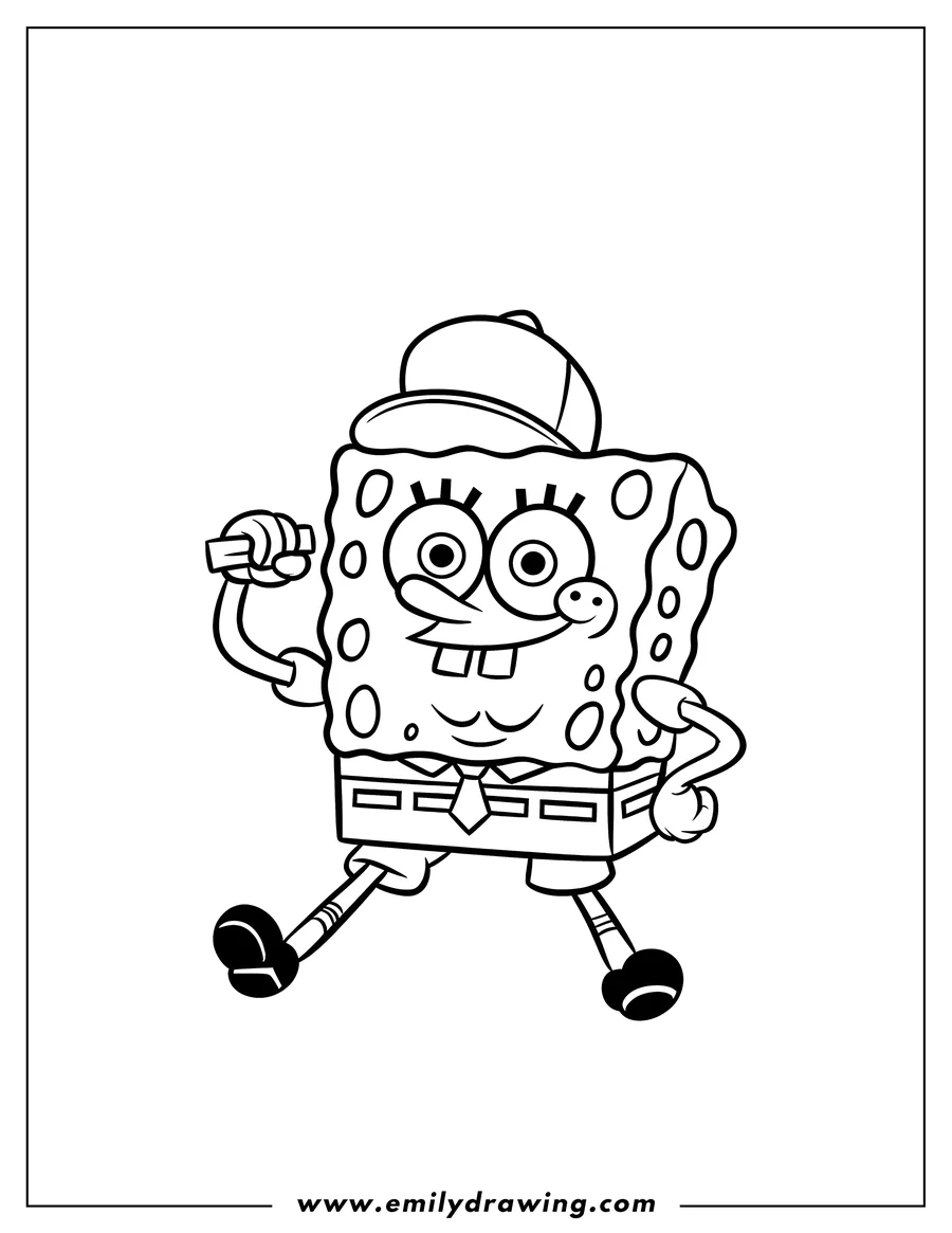 Line art of Spongebob Squarepants, the cartoon character, wearing a baseball cap, tie, and brown pants.