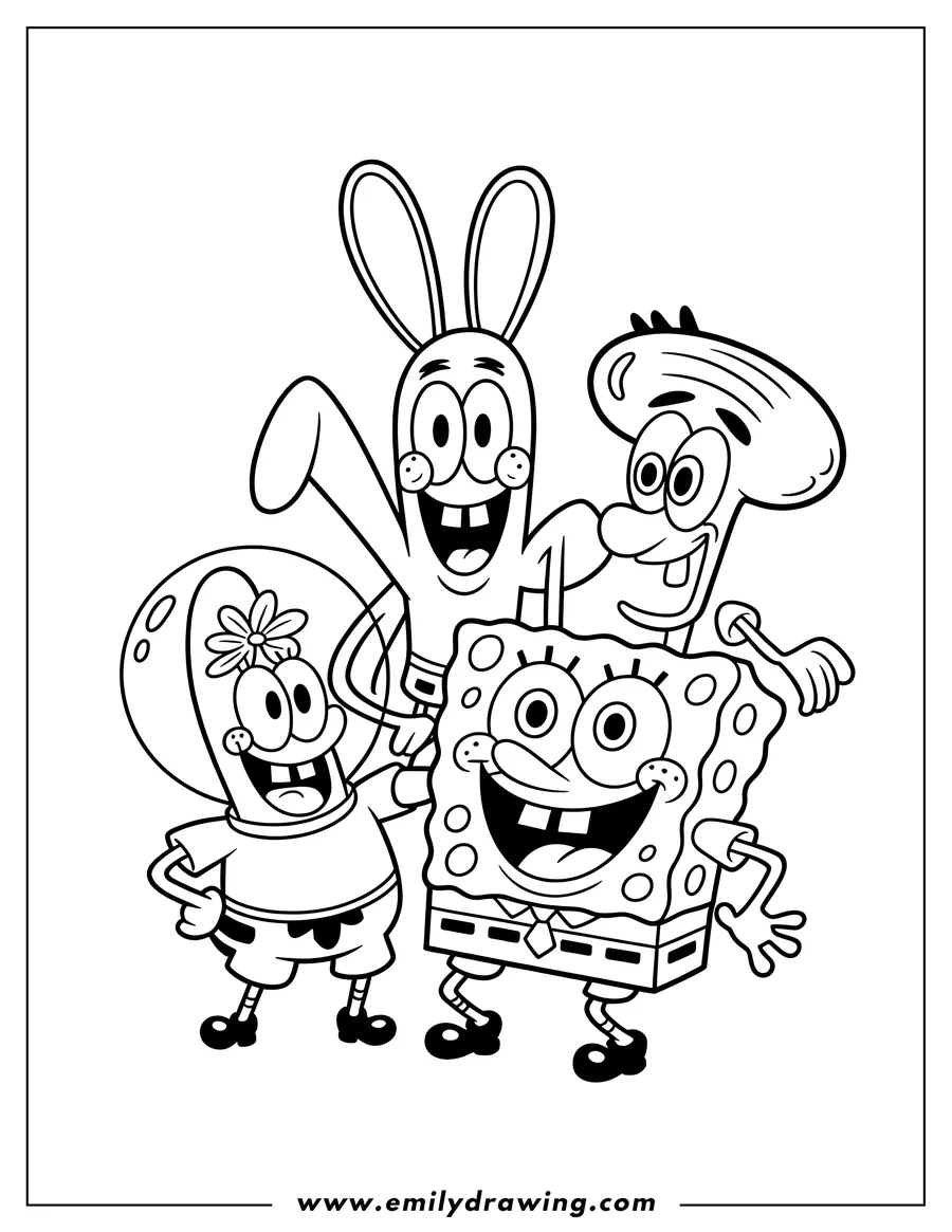 Line art of Spongebob Squarepants with Patrick Star, Squidward, and Sandy Cheeks posing and smiling.