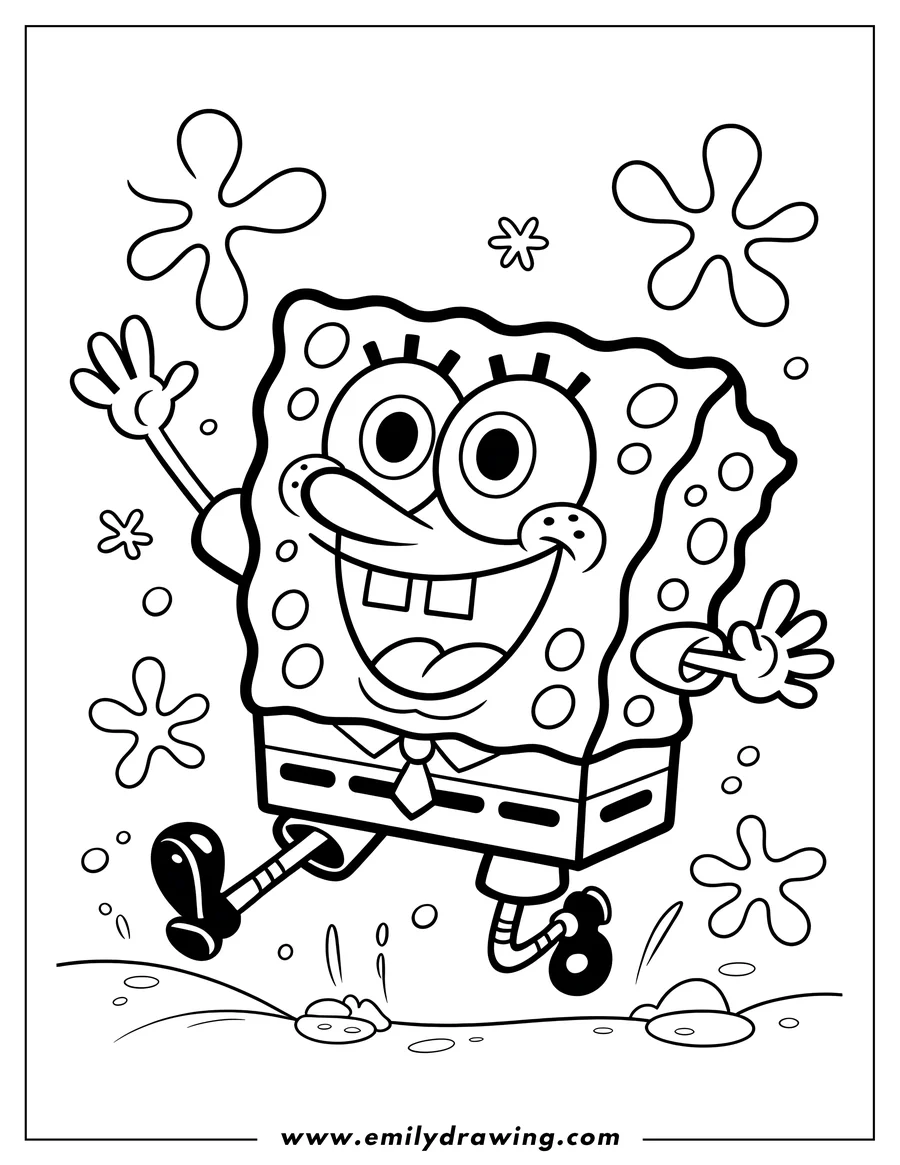 Line art of Spongebob Squarepants running. He's wearing his signature shirt, tie, and pants. Bubbles float around him.
