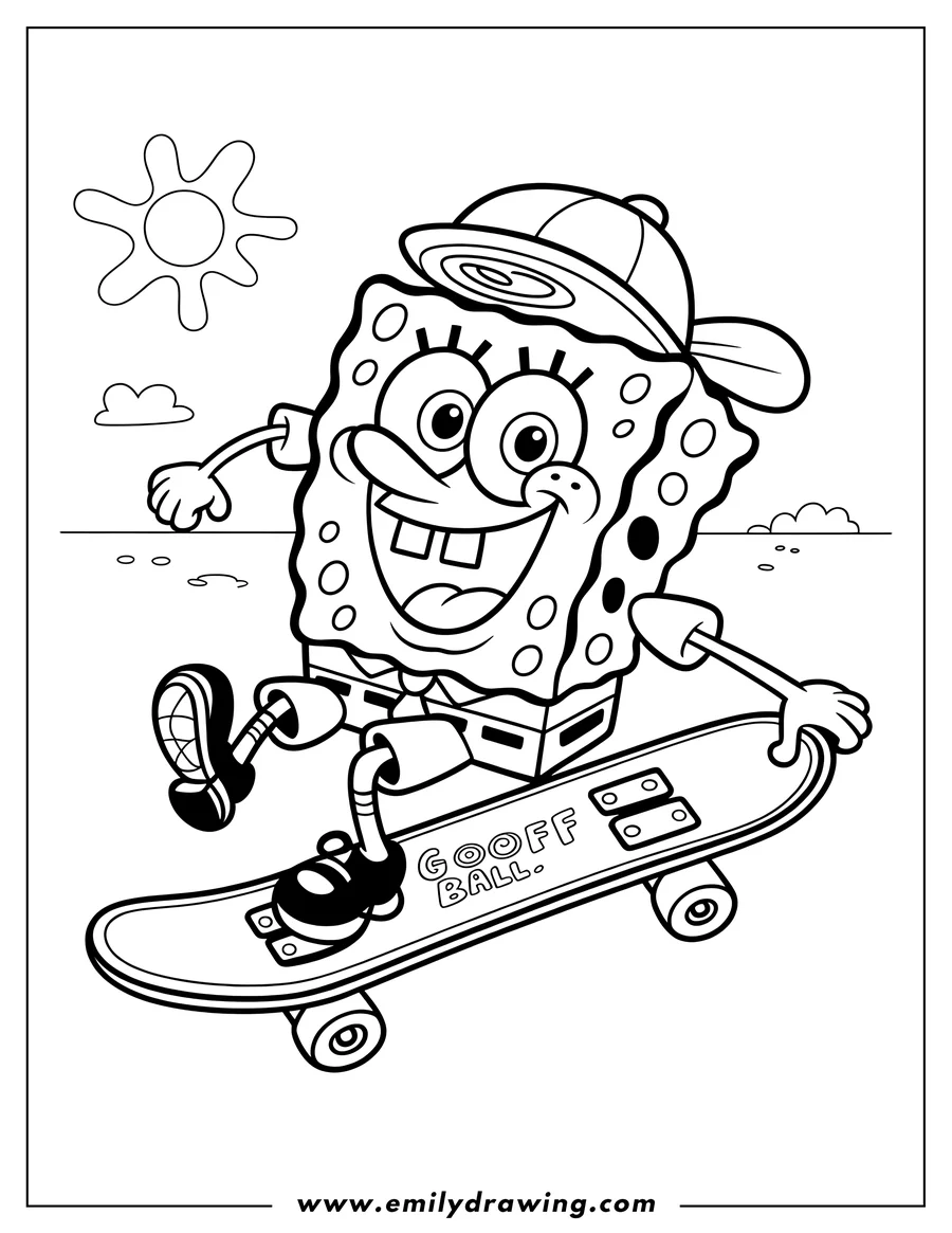 Line art of Spongebob Squarepants skateboarding. He's wearing a backwards baseball cap and a big smile.