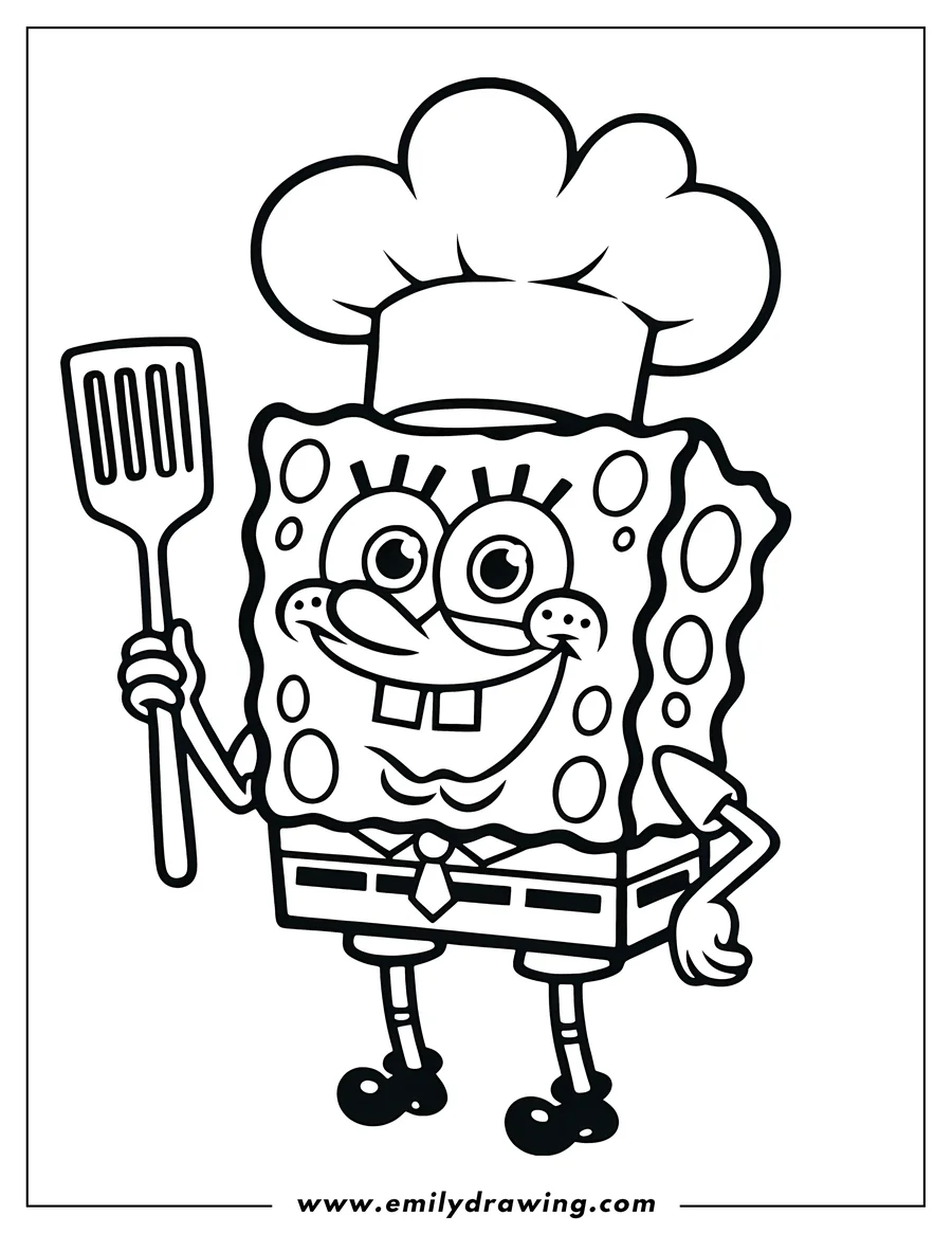 Line art of Spongebob Squarepants holding a spatula and wearing a chef's hat.