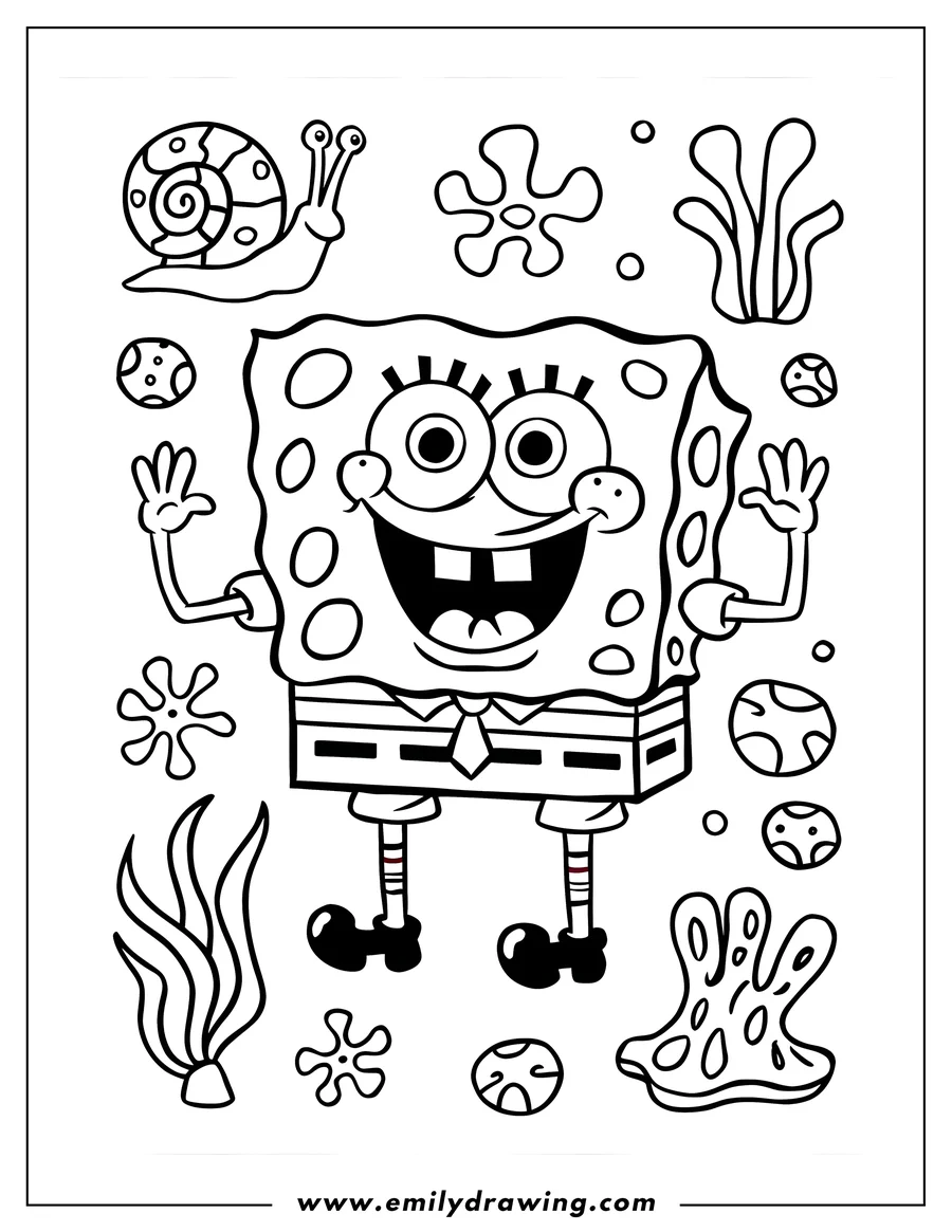 Line art of Spongebob Squarepants waving, surrounded by small sea creatures and plants.