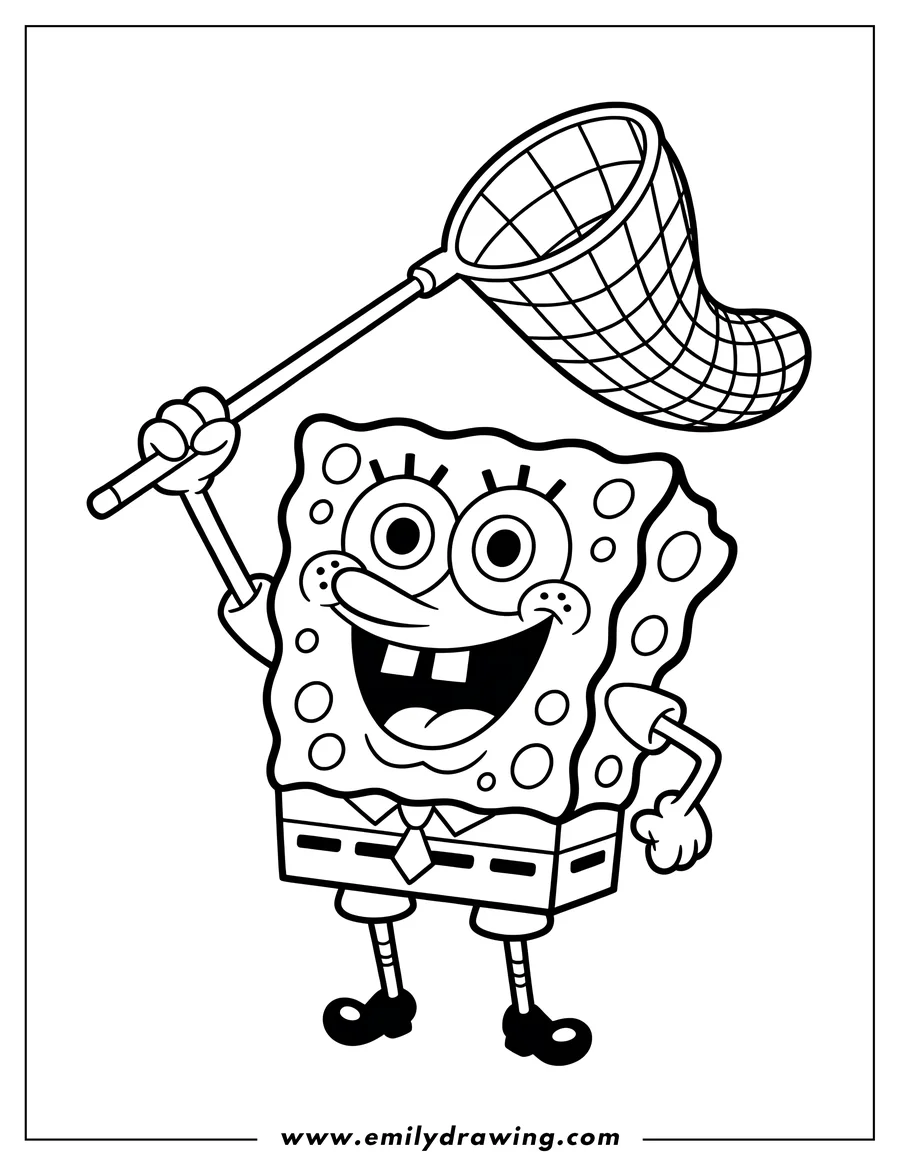 Line art of Spongebob Squarepants holding a net, ready for jellyfishing.